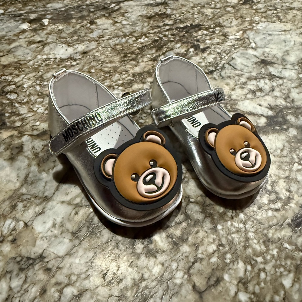 Moschino Metallic Silver Baby Shoes with Bear Accent